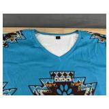 Women's V-Neck Long Sleeve Top - Turquoise Blue Tribal Print with Brown Accents - Size Medium - Brand New