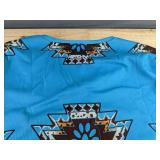 Women's V-Neck Long Sleeve Top - Turquoise Blue Tribal Print with Brown Accents - Size Medium - Brand New