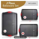 3-Piece Bakeware Pan Set - Carbon Steel Nonstick with Red Silicone Handles - Brand New