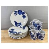 Blue & White Floral Dinnerware Set - 8 Plates & 8 Coffee Cups - Brand New