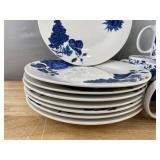 Blue & White Floral Dinnerware Set - 8 Plates & 8 Coffee Cups - Brand New