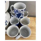 Blue & White Floral Dinnerware Set - 8 Plates & 8 Coffee Cups - Brand New