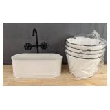 4 White Round Hanging Planters and Cute Sink Faucet Planter - Brand New