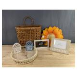 Home Decor: Wicker Basket, 2 Hanging Sunflowers, Round Tray, Photo Frame & 3 Wooden Signs - Brand New