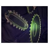 3 piece vintage Hensley glass set glows green