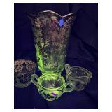 4 piece lot of silver floral etch glass