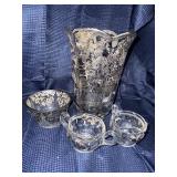 4 piece lot of silver floral etch glass