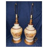 Pair of mcm hand painted glass and wood lamps