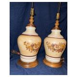 Pair of mcm hand painted glass and wood lamps