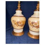 Pair of mcm hand painted glass and wood lamps