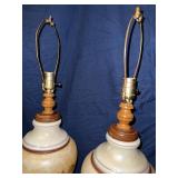Pair of mcm hand painted glass and wood lamps