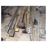misc lot of outdoor rakes and shovels