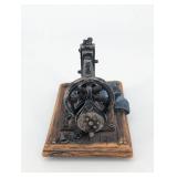 Mini Antique Coal Iron Pair on Ornate Wooden Base - 2-Piece