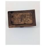 Mini Antique Coal Iron Pair on Ornate Wooden Base - 2-Piece