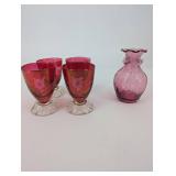 Pink Glass Goblets with Floral Etching - Set of 4 & Matching Pink Vase