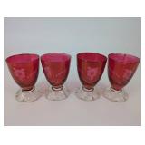 Pink Glass Goblets with Floral Etching - Set of 4 & Matching Pink Vase