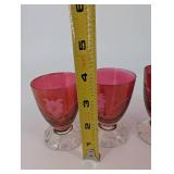 Pink Glass Goblets with Floral Etching - Set of 4 & Matching Pink Vase