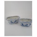 Blue and White Chinese Porcelain Hexagonal Planters - 2-Piece Set - Made in China