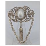 Vintage Gold-Tone Filigree Brooch with Oval Cabochon and Chain Tassels