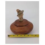 Hand-Carved Wood Bust with Hat on Round Pedestal - Folk Art Sculpture