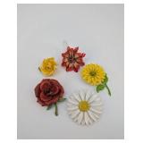 Metal Flower Brooches Assorted Set - Red Rose, Yellow Daisy, White Daisy Pins