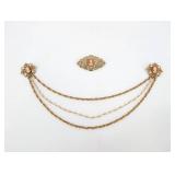 Vintage Gold Tone Cameo Necklace with Filigree Center and Pearl Drops