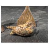 Hand-Carved Wooden Bird Sculpture with Leaf-Pattern Wings on Twisted Stem Base
