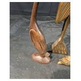 Hand-Carved Wooden Bird Sculpture with Leaf-Pattern Wings on Twisted Stem Base