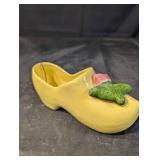 Yellow Ceramic Shoe Vase with Pink Flower and Green Leaf Accent