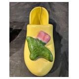 Yellow Ceramic Shoe Vase with Pink Flower and Green Leaf Accent