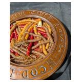 Antique Carved Wood Circular Bowl With Buttons