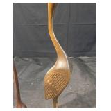 Hand-Carved Wooden Bird Sculpture with Leaf-Pattern Wings on Twisted Stem Base