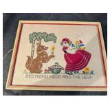 Framed Cross-Stitch Textile - Red Riding Hood and the Wolf