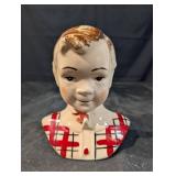 Ceramic Head Bust with Craquelure Glaze and Bold Geometric Chest Pattern