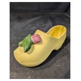 Yellow Ceramic Shoe Vase with Pink Flower and Green Leaf Accent