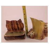 Bear & Owl Log Ceramic Planters - Vintage Wildlife Figurines