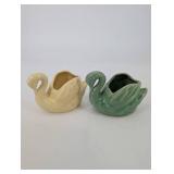 Pair Of Swan-Shaped Ceramic Vases - Green & Cream Glaze - Unmarked