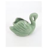 Pair Of Swan-Shaped Ceramic Vases - Green & Cream Glaze - Unmarked