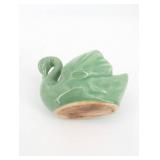 Pair Of Swan-Shaped Ceramic Vases - Green & Cream Glaze - Unmarked