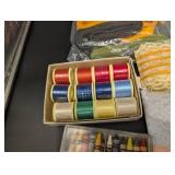 Assorted Craft Supplies - Lace, Ribbon, Threads, Spools & Crayola Crayons