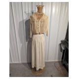 Vintage Embroidered Blouse with Lace Collar and Cuffs - Matching Skirt Set
