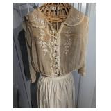 Vintage Embroidered Blouse with Lace Collar and Cuffs - Matching Skirt Set