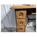Vintage Singer Sewing Machine Cabinet Vanity Desk with Carved Oak Front