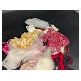 Assorted Doll Clothes & Accessories in Round Red Tin Box