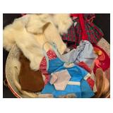 Assorted Doll Clothes & Accessories in Round Red Tin Box