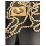 Assorted Vintage Jewelry - Pearl Bead Necklace, Myrtlewood Cameo Pendant & Amber Drop Earrings