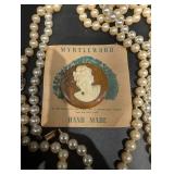 Assorted Vintage Jewelry - Pearl Bead Necklace, Myrtlewood Cameo Pendant & Amber Drop Earrings