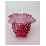 Pink Hobnail Glass Vase with Ruffled Rim
