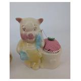 Pair of Ceramic Pig Figurines - Yellow Pig and Multicolor Pig with Pink Scarf