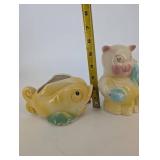 Pair of Ceramic Pig Figurines - Yellow Pig and Multicolor Pig with Pink Scarf